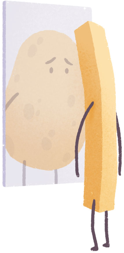 Illustration Essstörung: Eine Pommes betrachtet sich im Spiegel und sieht sich als Kartoffel